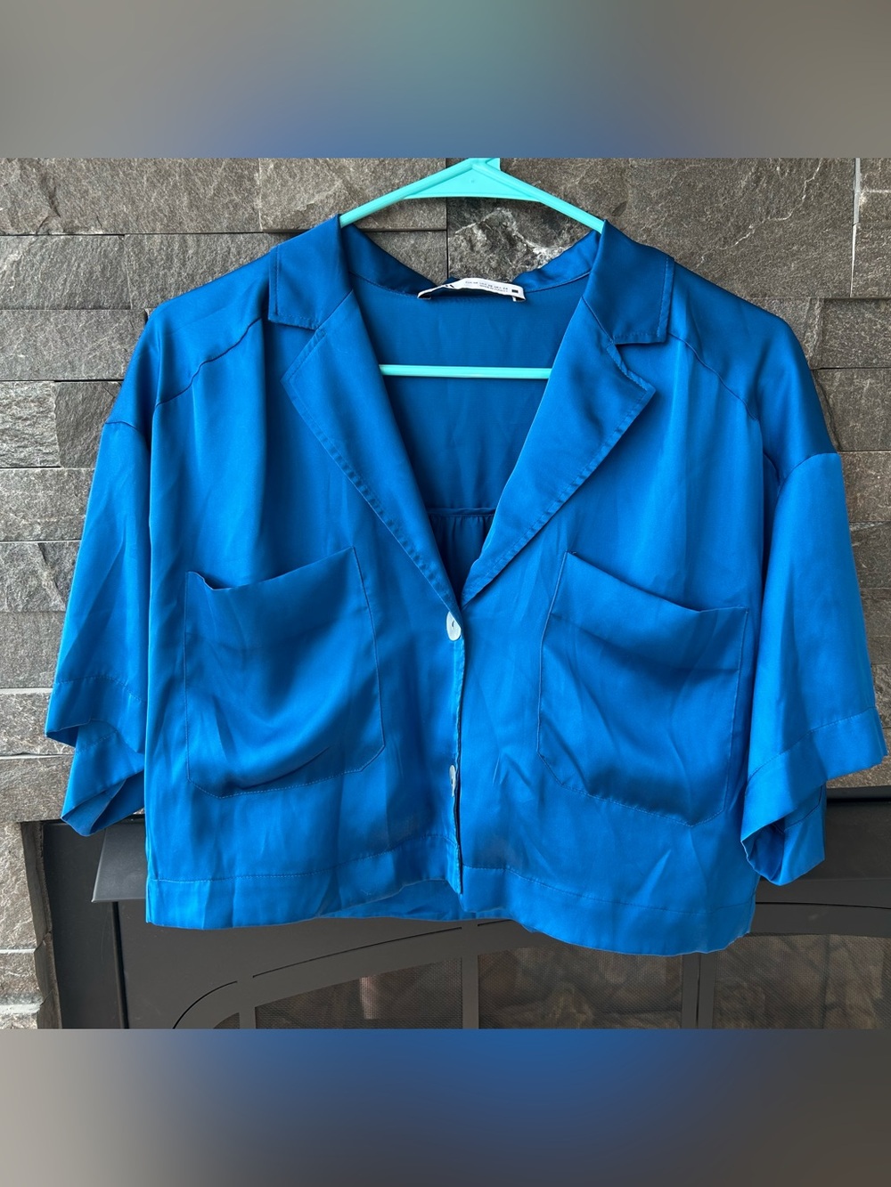 Zara Teal Blue Cropped Button-Front Boxy Top